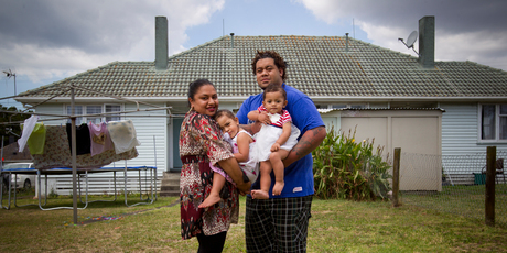 Ana and Tupou Malolo with their children, Kalolaine, 2, and Theresa, 1, at their rented home in Otara. Photo / Greg Bowker