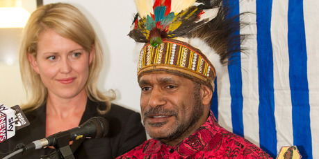 West Papuan independence leader Benny Wenda, with lawyer Jennifer Robinson, says aid from New Zealand sent to Indonesia does not reach indigenous people. Photo / Mark Mitchell