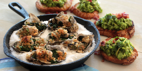 Oyster rockefella and broad bean pea and mint bruschetta. Photo / Doug Sherring, HOS