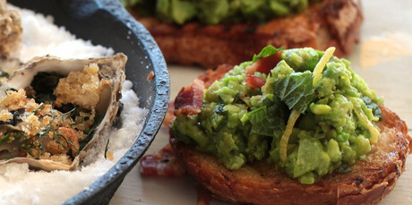 Broad bean pea and mint bruschetta. Photo / Doug Sherring