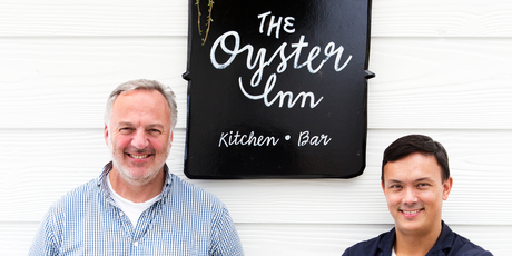 Jonathan Rutherfurd Best and Andrew Glenn owners of The Oyster Inn on Waiheke island. Photo / Babiche Martens, NZH