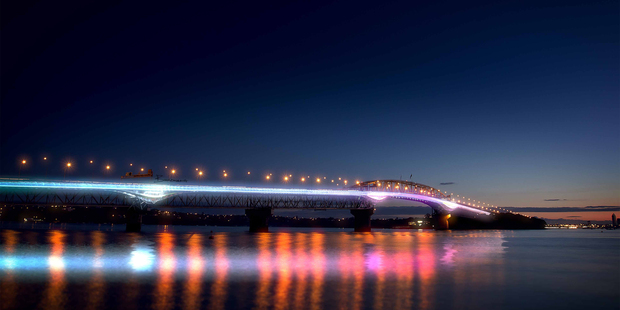 An artist's impression shows how the proposed SkyPath could light up the Auckland Harbour Bridge. Photo / Copeland Associates Architects