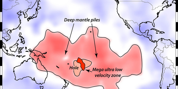 This map shows what is happening 1800 miles down at the boundary between Earth's warm, rocky mantle and its liquid outer core. Photo / Michael S. Thorne, University of Utah