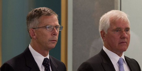 Dominion Finance chief executive Paul Cropp (left) and former director Robert Whale in court yesterday. Photo / Brett Phibbs