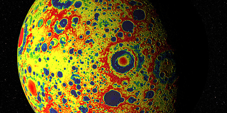 NASA's gravity map of the Moon has given it a colourful makeover. Photo / Goddard Space Flight Center Scientific Visualization Studio
