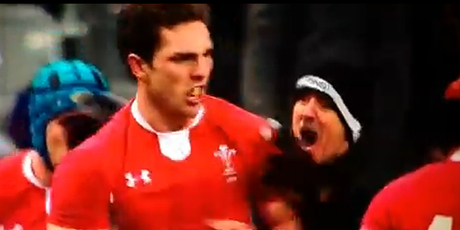 George North's father helps his son celebrate a try against France. Photo / YouTube
