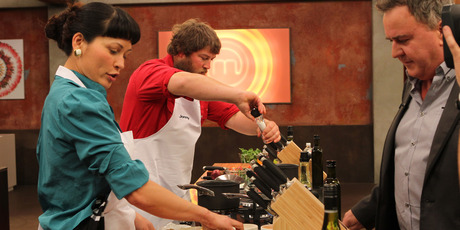 Corinna Jewanski and Johnny Trevathan in the Masterchef kitchen.