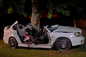 Two people died when the car they were in hit a tree in Edgecumbe last night. Photo/Lani Hepi
