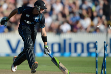 Martin Guptill of New Zealand makes his ground during the first match of the one day international series between New Zealand and England. Photo / Getty Images.