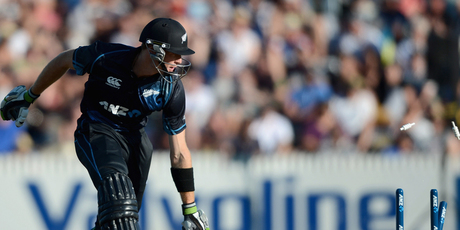 Martin Guptill of New Zealand makes his ground during the first match of the one day international series between New Zealand and England. Photo / Getty Images.