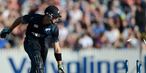 Martin Guptill of New Zealand makes his ground during the first match of the one day international series between New Zealand and England. Photo / Getty Images.