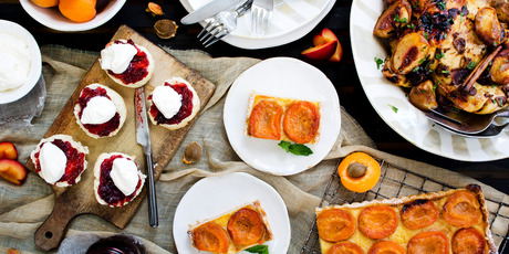Plum Jam on scones with cream, Asian Roast Chicken with Spiced Peaches and Apricot and Ricotta Tart. Photo / NZH
