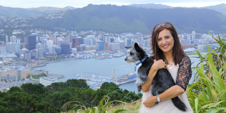 Writer Sharon Stephenson, back in Wellington, with her dog, Bristol. Photo / Martin Haughey