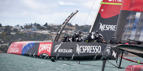 Team New Zealand test their new AC72 boat in the Hauraki Gulf. Photo / Natalie Slade