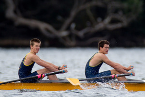 Patrick Daolan and Bill Stanley-Harris, in the Auckland Grammar U17 double scull during the heats at Lake Pupuke on Saturday. Photo / Greg Bowker