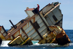The wreck of the MV Rena off the coast from Tauranga. Photo / Alan Gibson