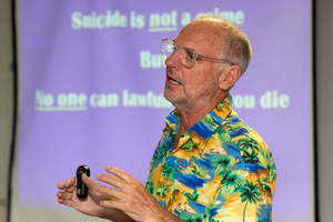 Australian euthanasia advocate Dr Philip Nitschke during his talk at the Wellington Library. Photo / Mark Mitchell