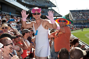 Daniel Stamp of Titirangi airs his 'hairy cleavage' at the cricket at Eden Park. Photo / Neville Marriner