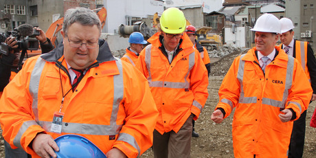 Canterbury Earthquake Recovery Minister Gerry Brownlee, CERA Chief Executive Roger Sutton and Prime Minister John Key on a tour of the Christchurch Red Zone. Photo / Supplied