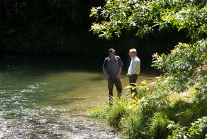 Rotorua MP Todd McClay (right) and Rotorua-Taupo Federated Farmers provincial president Neil Heather on the banks of the Ngongotaha Stream. Photo / Alan Gibson