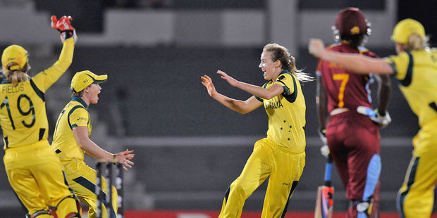 Ellyse Perry of Australia celebrates the wicket of Stafanie Taylor of West Indies. Photo / Getty Images