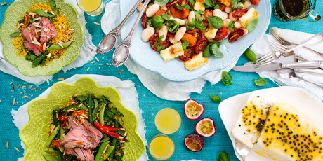 Off the vine recipes: Moroccan beef salad with beans, roasted tomato, haloumi and white bean salad and passion fruit terrine. Photo / NZH