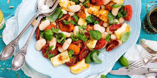 Roasted tomato, haloumi and white bean salad. Photo / NZH