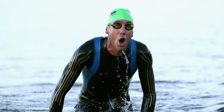 Bervan Docherty exits the water after the swim leg. Photo / Getty Images