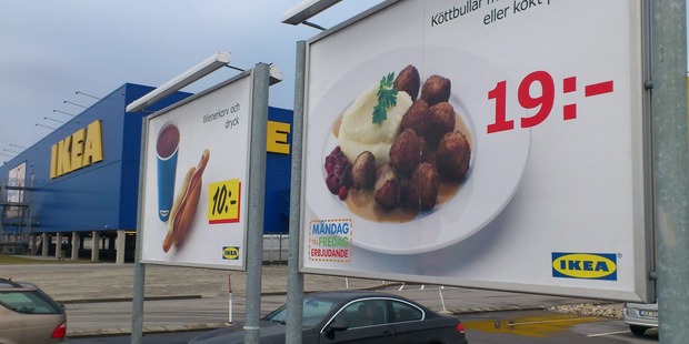 Advertising for Ikea meat balls at the parking area at an Ikea store in Malmo, Sweden. Photo / AP