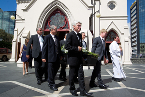 Pallbearers carry iconic broadcaster Phillip Leishman at his funeral at St Patrick's Cathedral, Auckland. Photo / Richard Robinson