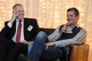 Guy Stewart of Skope (left) with Kaiparasoft's Chris Harris at a TIN launch. Photo / Brett Lees