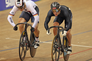 Sam Webster rides against Stefan Botticher of Germany in the Men's Sprint semifinal. Photo / Getty Images