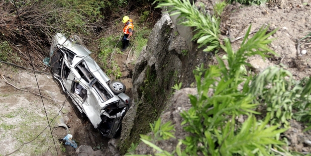 The wreckage of the van after it fell 15m from State Highway 5 near Te Haraoto. Photo / Paul Taylor