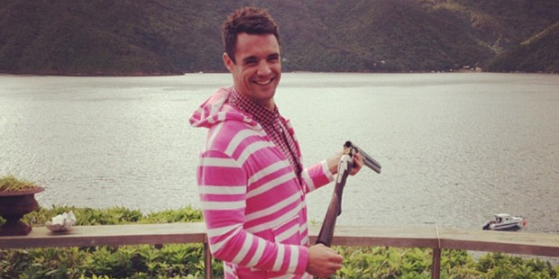 All Black Dan Carter looking good in a pink onesie while on holiday in the Marlborough Sounds.