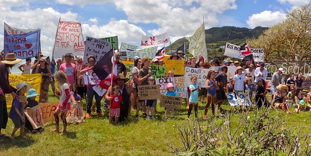 Beach protests, including this one at Ahipara in Northland, greeted the start of deep sea drilling. Photo / Greenpeace