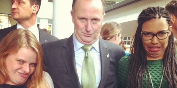 Prime Minister John Key makes a derp-face with students from Victoria University in Wellington yesterday.