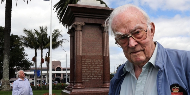 Whangarei RSA president Archie Dixon (left) and World War II naval veteran Bruce McMillan size up the Rose St cenotaph, which will be included in a new war memorial planned for Laurie Hall Park. Photo/John Stone