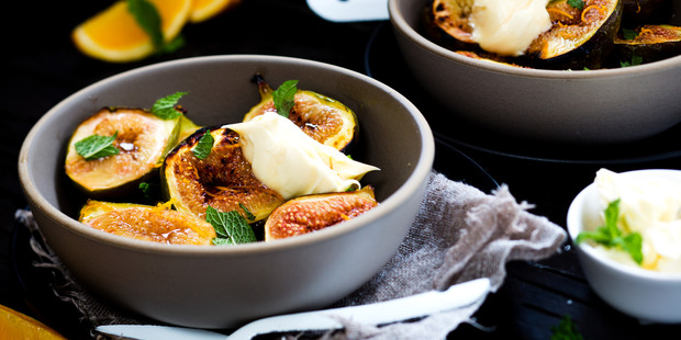 Grilled figs with honey and mascarpone. Photo / Babiche Martens.