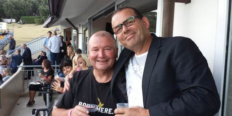 Paul Henry with Graham Lowe. Mayor Len Brown is snapped in the background (second left) without a heckling protester or duck caller in sight.