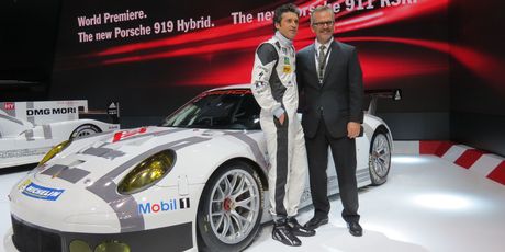 Actor and racing driver Patrick Dempsey with the new Porsche 911 RSR at Geneva