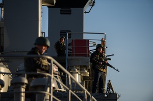 Ukrainian seamen stand guard on the Ukrainian navy ship Slavutich at harbor of Sevastopol, Ukraine. Photo / AP