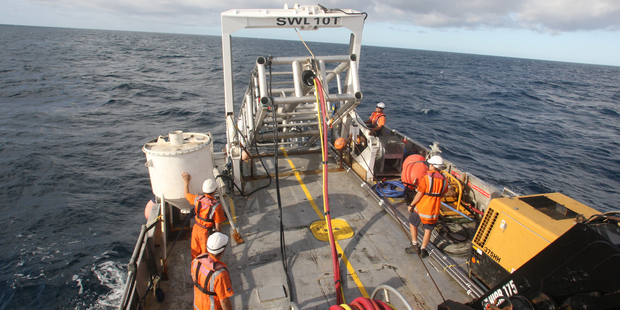 Iron sand sampling off the coast of Patea on the New Zealand Diving and Salvage Ltd MV Island Leader II for Trans-Tasman Resources