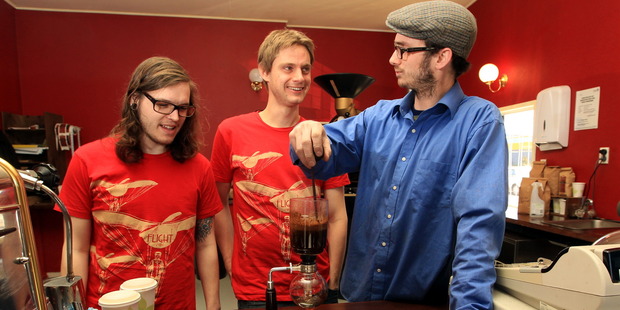 Nick Clark (right), NZ's barista champion, makes a brew with Jesse Hutt and Richard Corney.
Photo / Paul Taylor