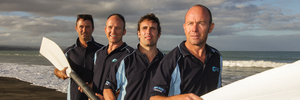 Jude Minor, Regan Cotter, Aidan Callaghan and Daniel Murfitt, the Westshore Red surf boat crew which was part of a Hawke's Bay trifecta at the national surf lifesaving championships in Ohope yesterday. Photo / Paul Taylor