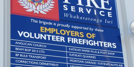 Employers of Katikati volunteer firefighters are acknowledged on a board outside the new station