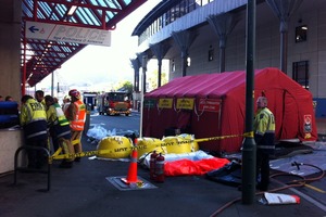 Fire Service and a decontamination tent set up near the scene of the surprise clan-lab discovery. Photo / APNZ