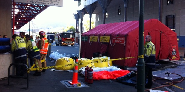 Fire Service and a decontamination tent set up near the scene of this morning's surprise clan-lab discovery. Photo / APNZ