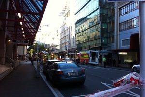 The view down Victoria Street this morning to Chews Lane where the apartment has been raided. Photo / APNZ