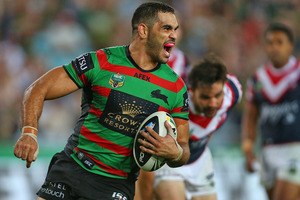 Greg Inglis crossed over three times for the Rabbitohs in their win over the Roosters. Photo / Getty Images