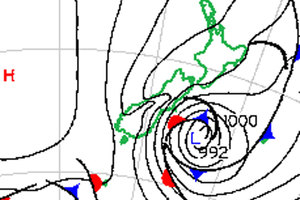 This surface pressure chart from the MetService helps show why Canterbury is experiencing some rough weather right now.